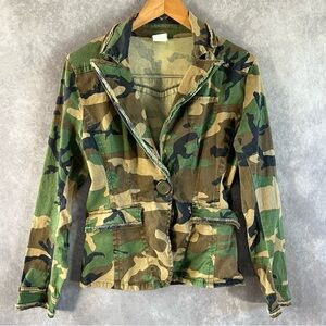 Rothco Vintage Camo Blazer Women Medium Green One Button Jacket Collared Coat